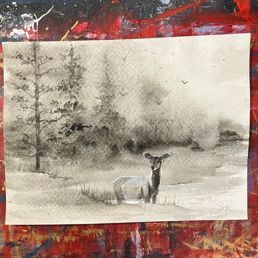 Original Watercolor Painting Deer Forest Misty Landscape Art signed by artist